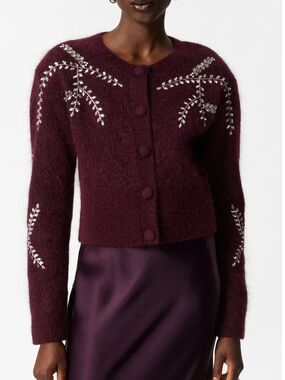 & Other Stories Wool & Mohair Blend Crystal Embroidered Cardigan Size M Burgundy